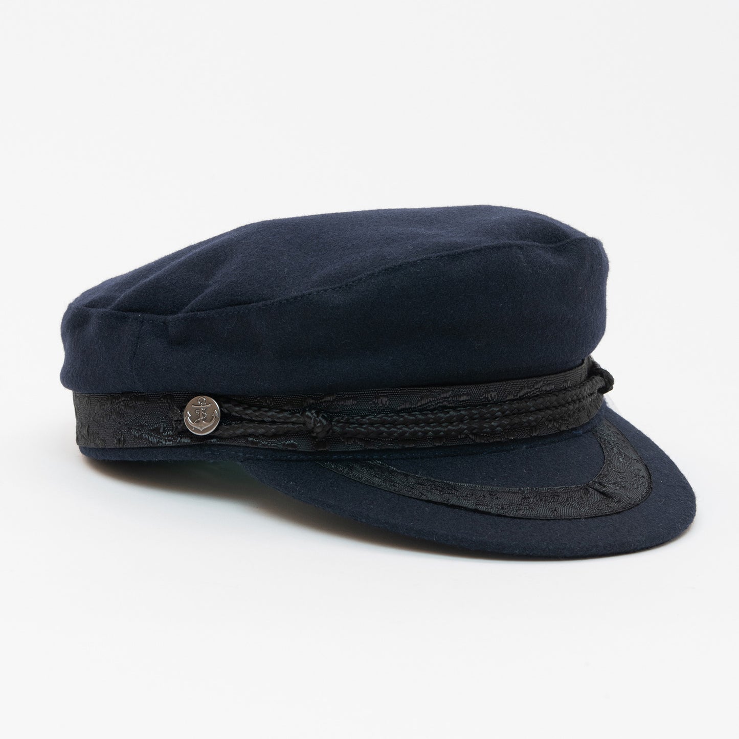 Showing navy blue cap with black lace detail around cap and peak and a metal button with anchor detail.