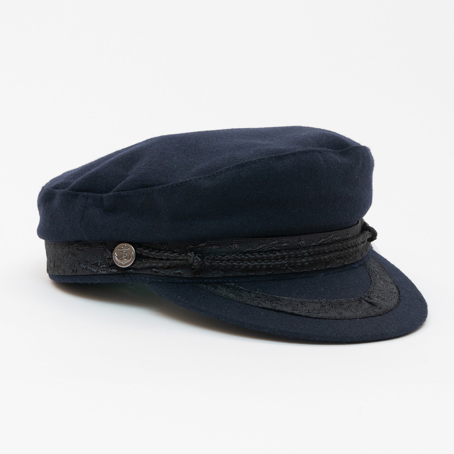 Showing navy blue cap with black lace detail around cap and peak and a metal button with anchor detail.