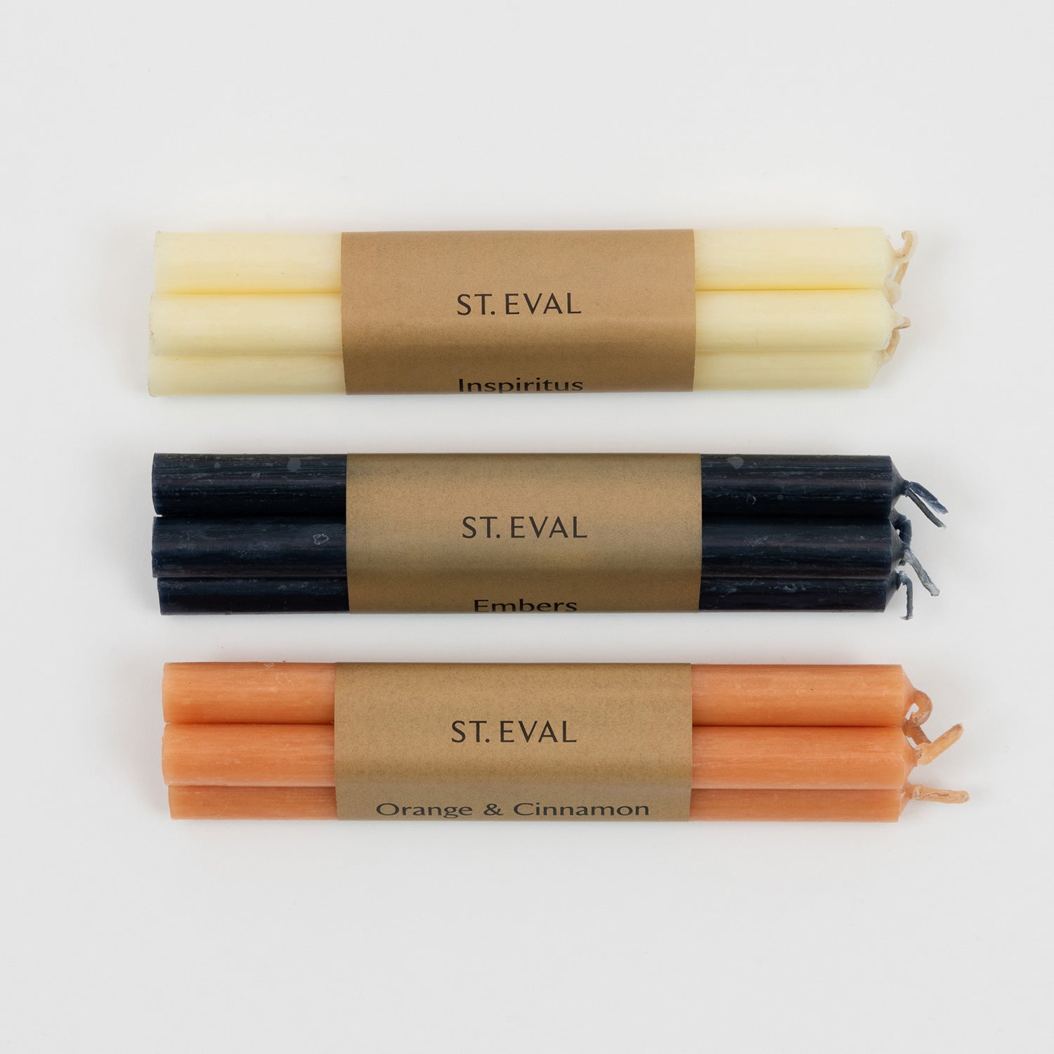 St Eval Bundle of 4 in all available scents. Long thin candles wrapped in plain earthy card with St eval and candle scent.