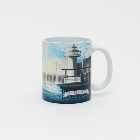 The front view of the white mug with an illustration of National Maritime Museum Cornwall