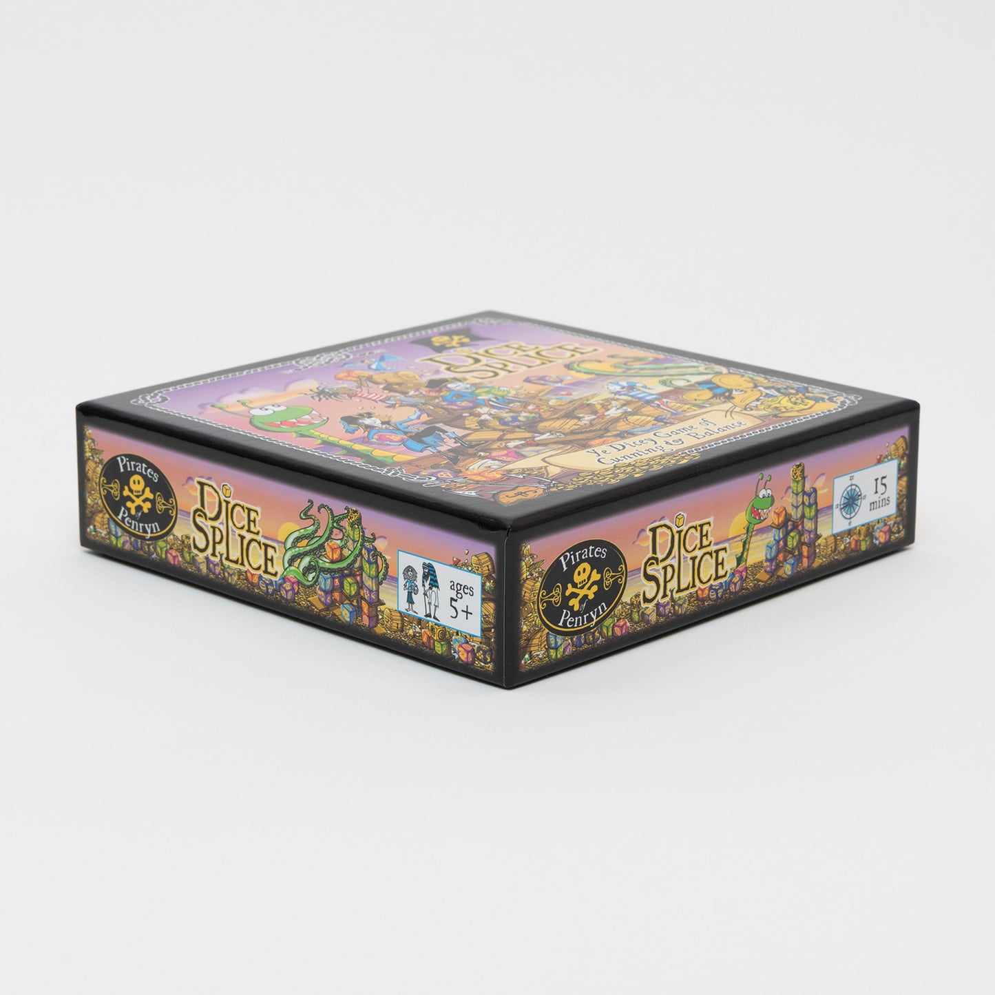 A side view of the box for the Dice Splice game.