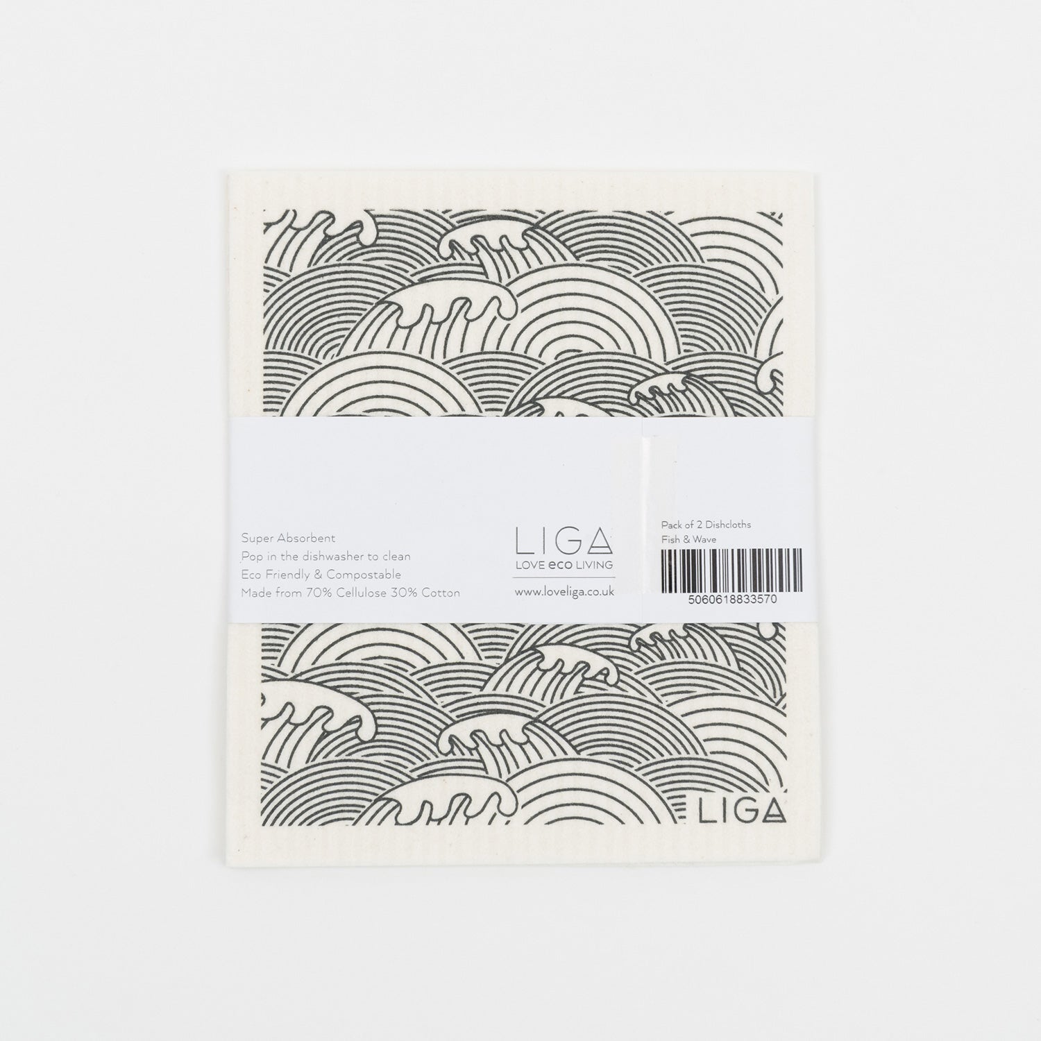 Dishcloth with a wave pattern on a light cream background in its packaging..