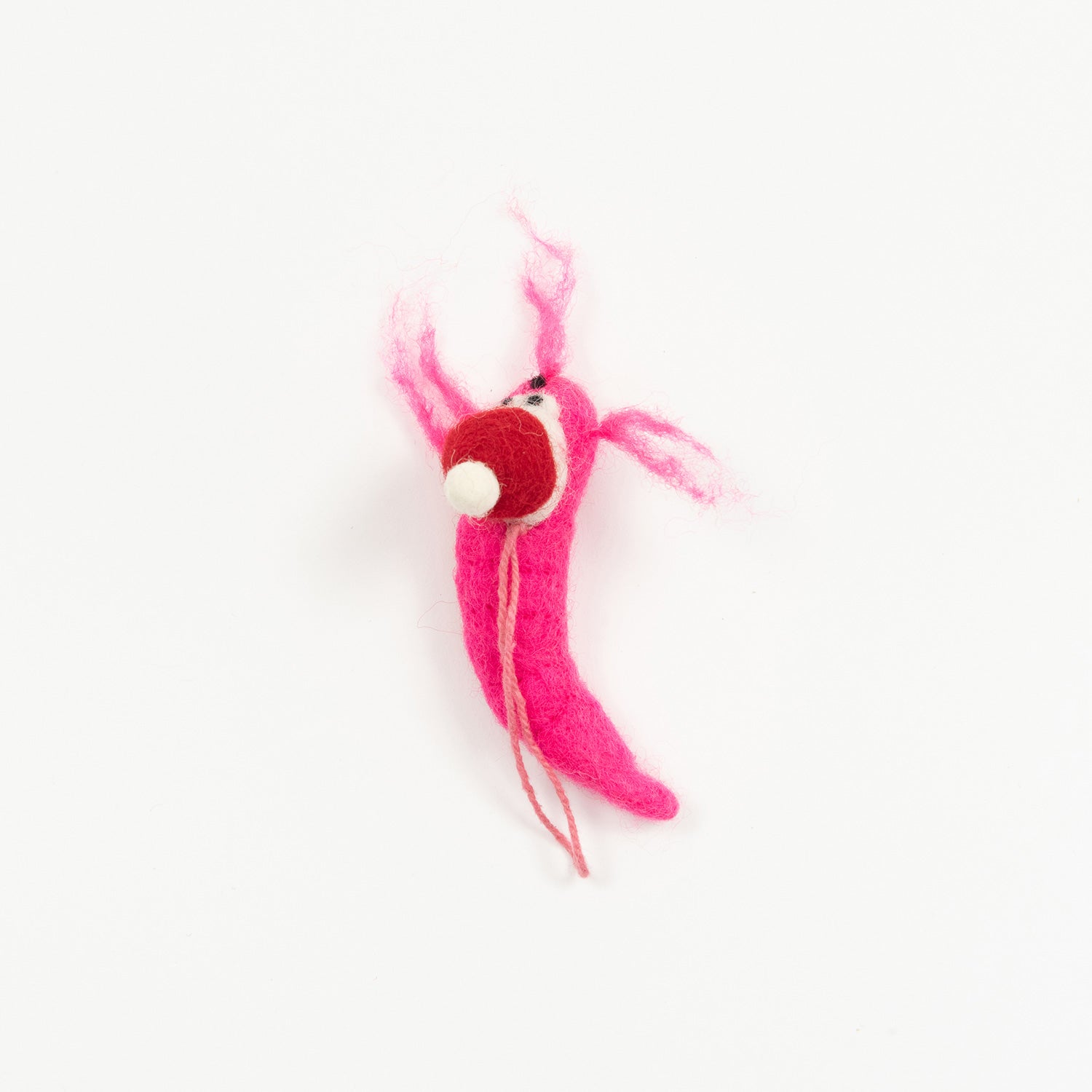 A Christmas decoration on a white background. The decoration is a festive pink prawn wearing a Christmas hat.