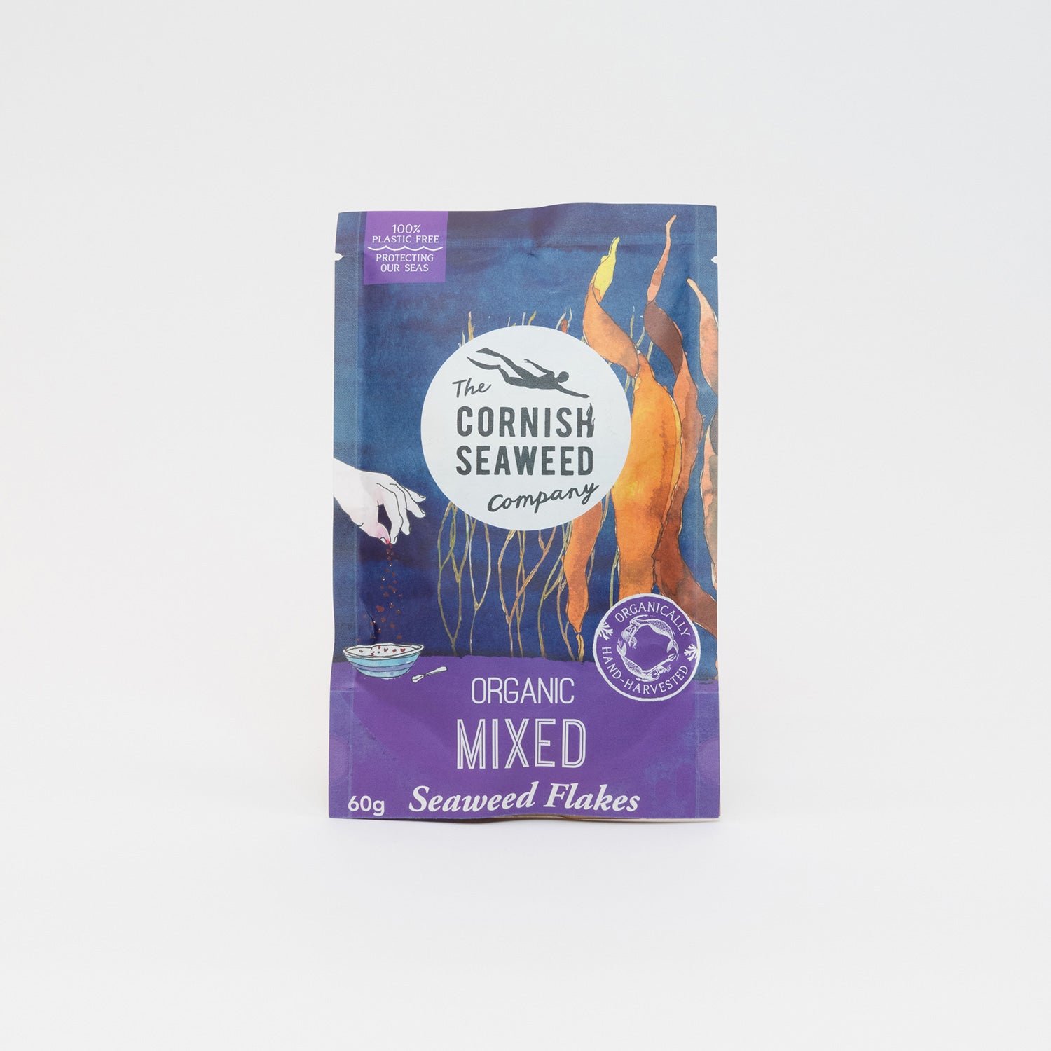 A pack of Organic Mixed Seaweed Flakes from The Cornish Seaweed Company on a white background.