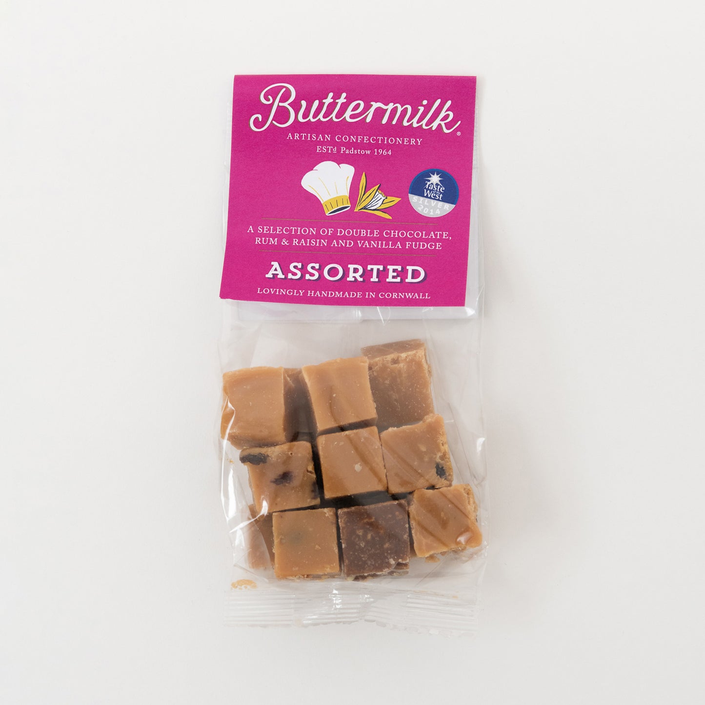 Buttermilk Assorted Fudge in clear bag with Blue card label with Buttermilk Logo and Chef hat and barley design.