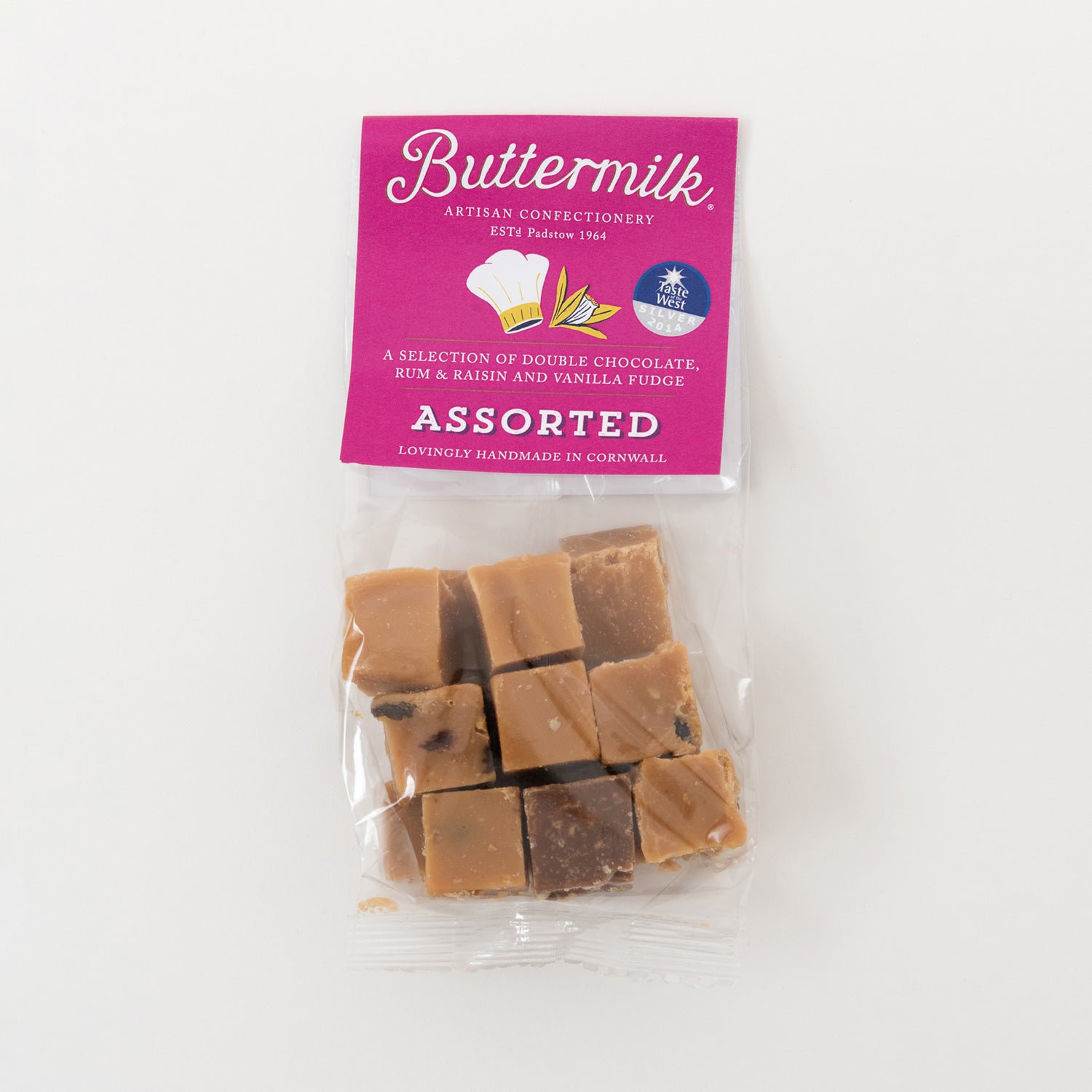 Buttermilk Assorted Fudge in clear bag with Blue card label with Buttermilk Logo and Chef hat and barley design.