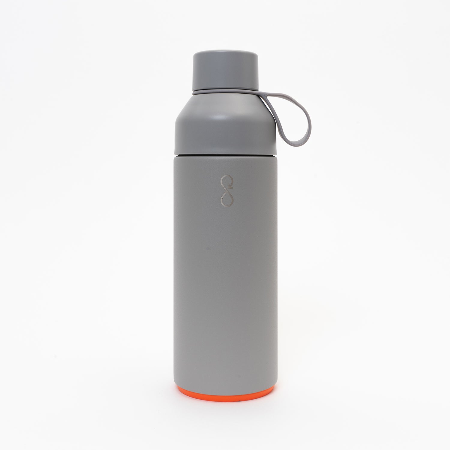 Light grey drinks bottle with orange base and cup and loop