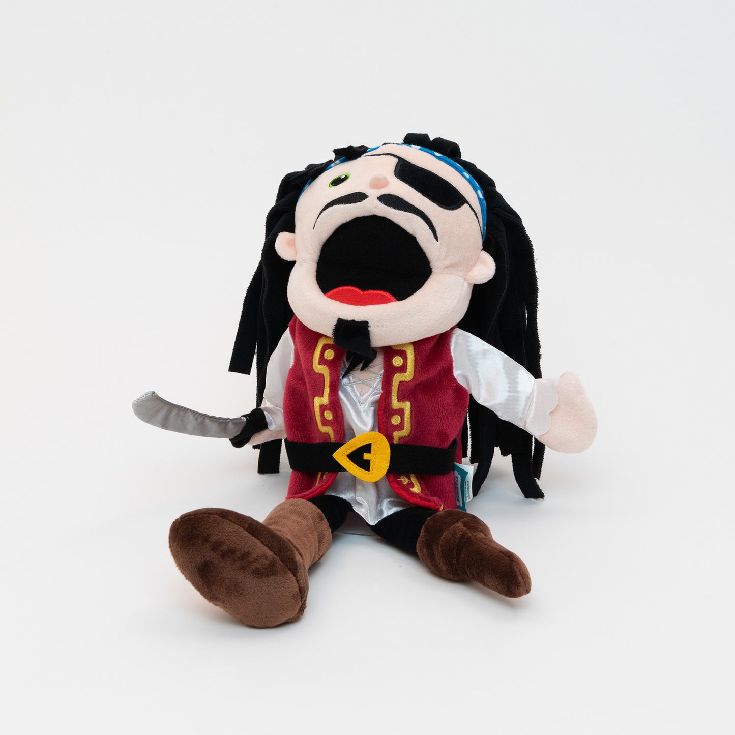 Pirate Hand Puppet. The adorable details of this fun fabric character include fabulous black floppy hair, a silver pirate sword, and a moving mouth with toune. Complete with black eyepatch, mustache & goatee, Red and gold detailed vest and belt, a white shirt and brown boots.