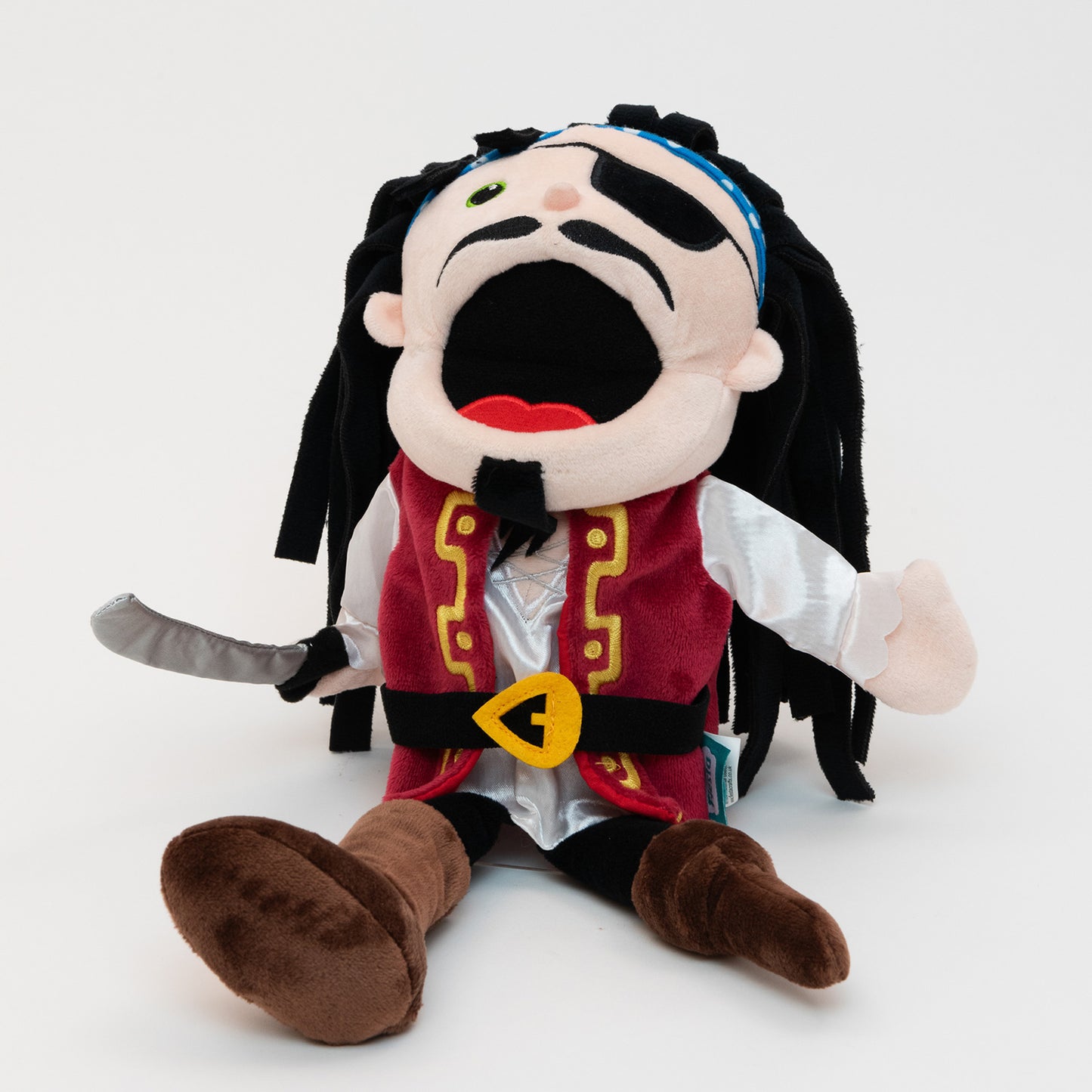 Pirate Hand Puppet. The adorable details of this fun fabric character include fabulous black floppy hair, a silver pirate sword, and a moving mouth with toune. Complete with black eyepatch, mustache & goatee, Red and gold detailed vest and belt, a white shirt and brown boots.