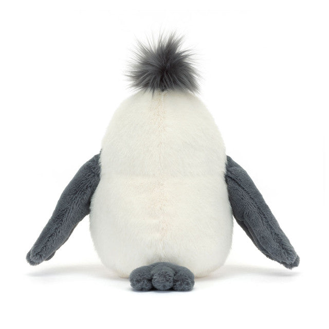 Stuffed seagull toy with a white body, grey wings, and grey pom-pom on a white background