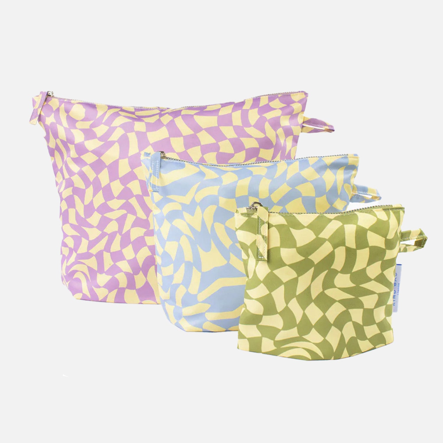 Showing 3 wavy patterned zip up pouches in purple, blue and green.
