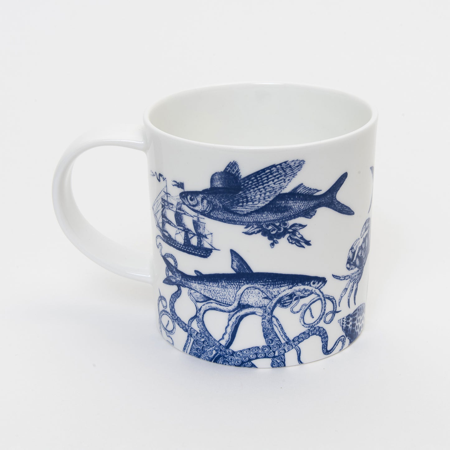 Blue and white image of flying fish wearing a hat