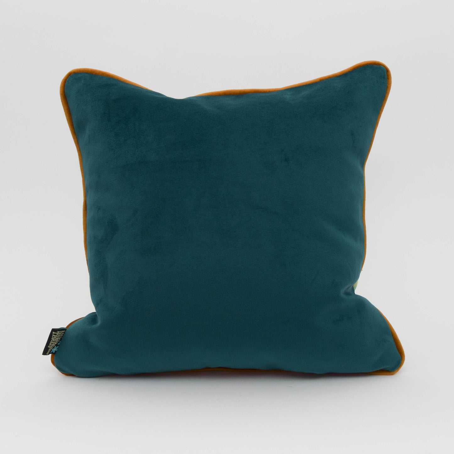 back of square cushion in plain green velvet with orange piping around the edge.