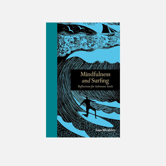Cover of "Mindfulness and Surfing" by Sam Bleakley, featuring a surfer riding a wave against a blue and black illustrated background.