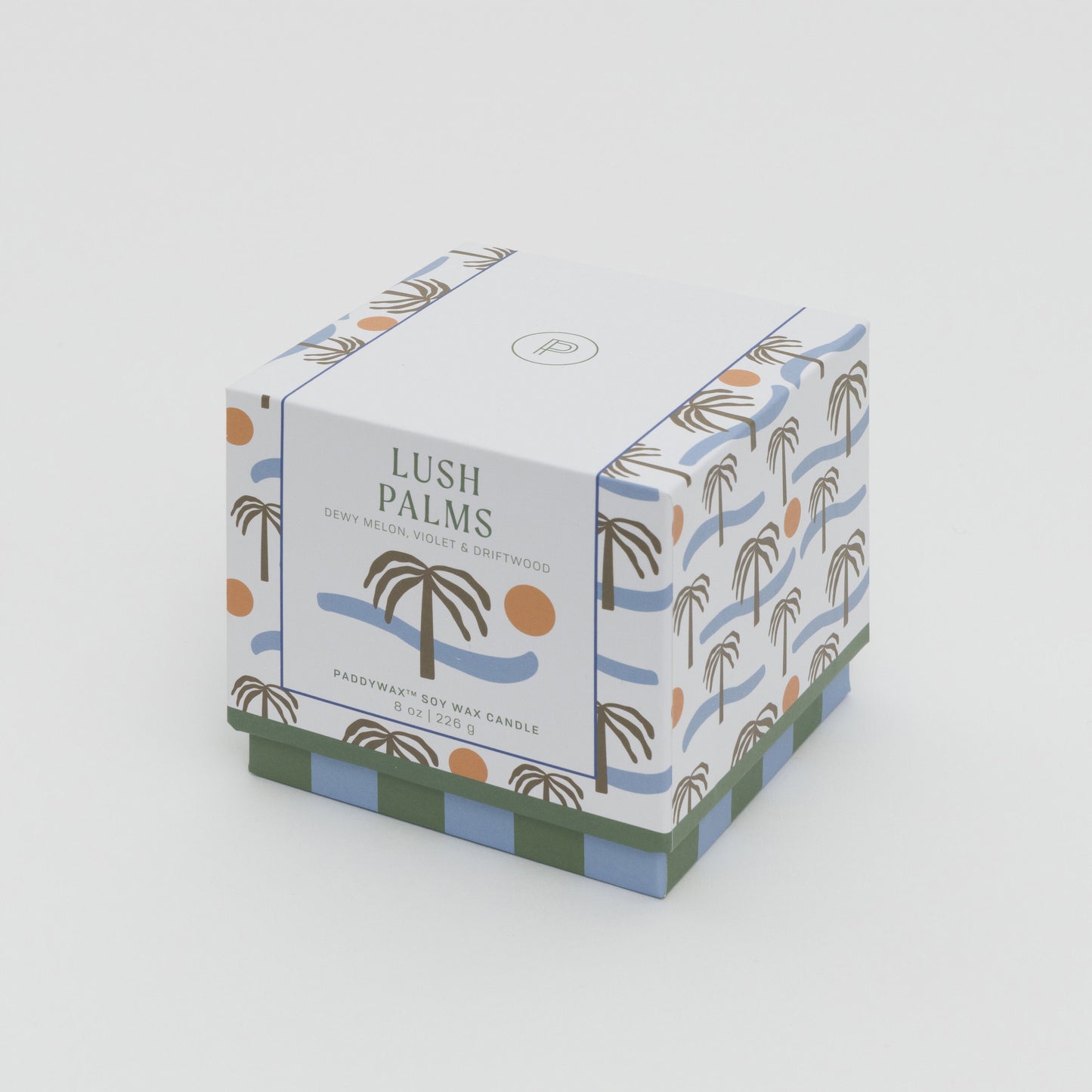 Square box with painted with palm tree, sea and sun design.