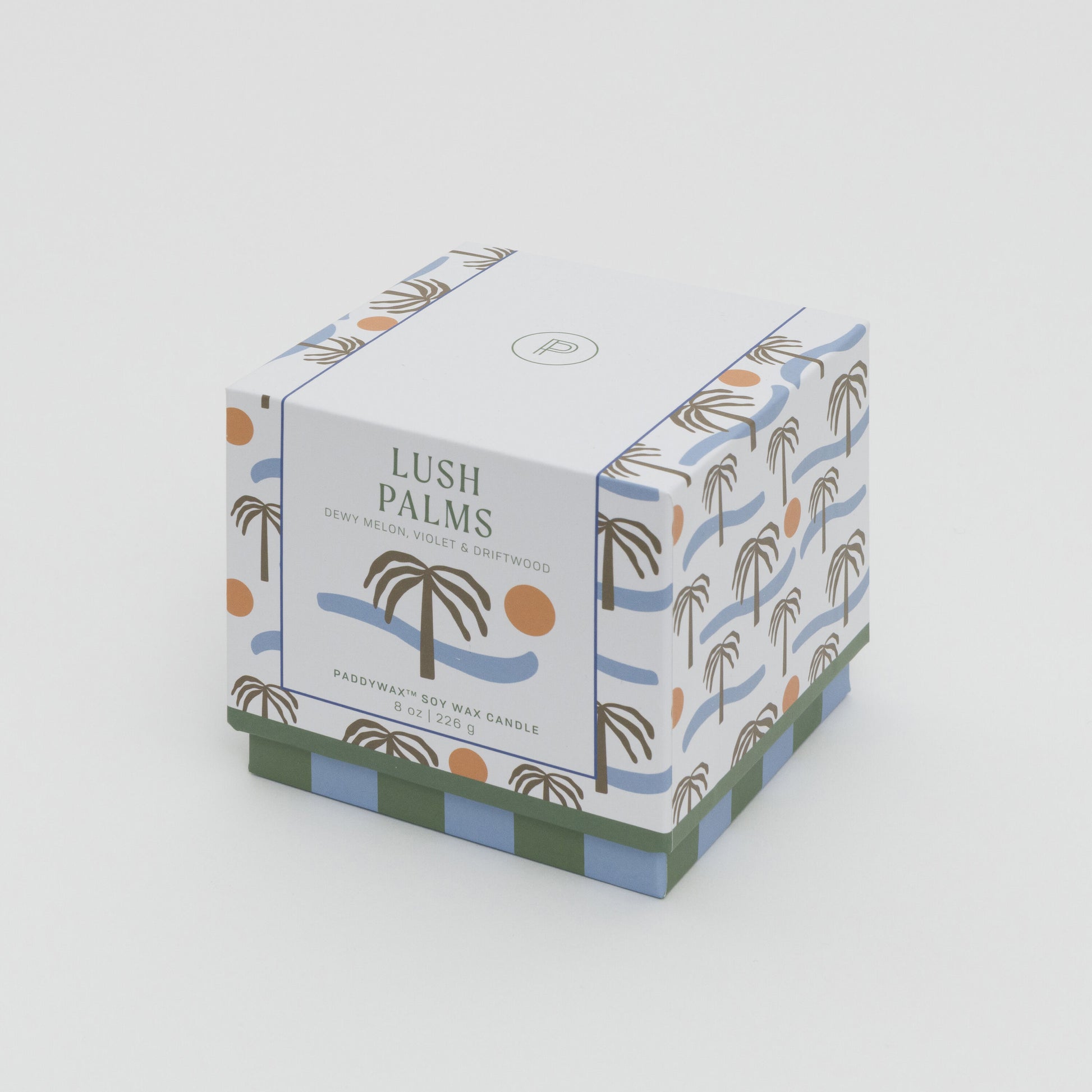 Square box with painted with palm tree, sea and sun design.
