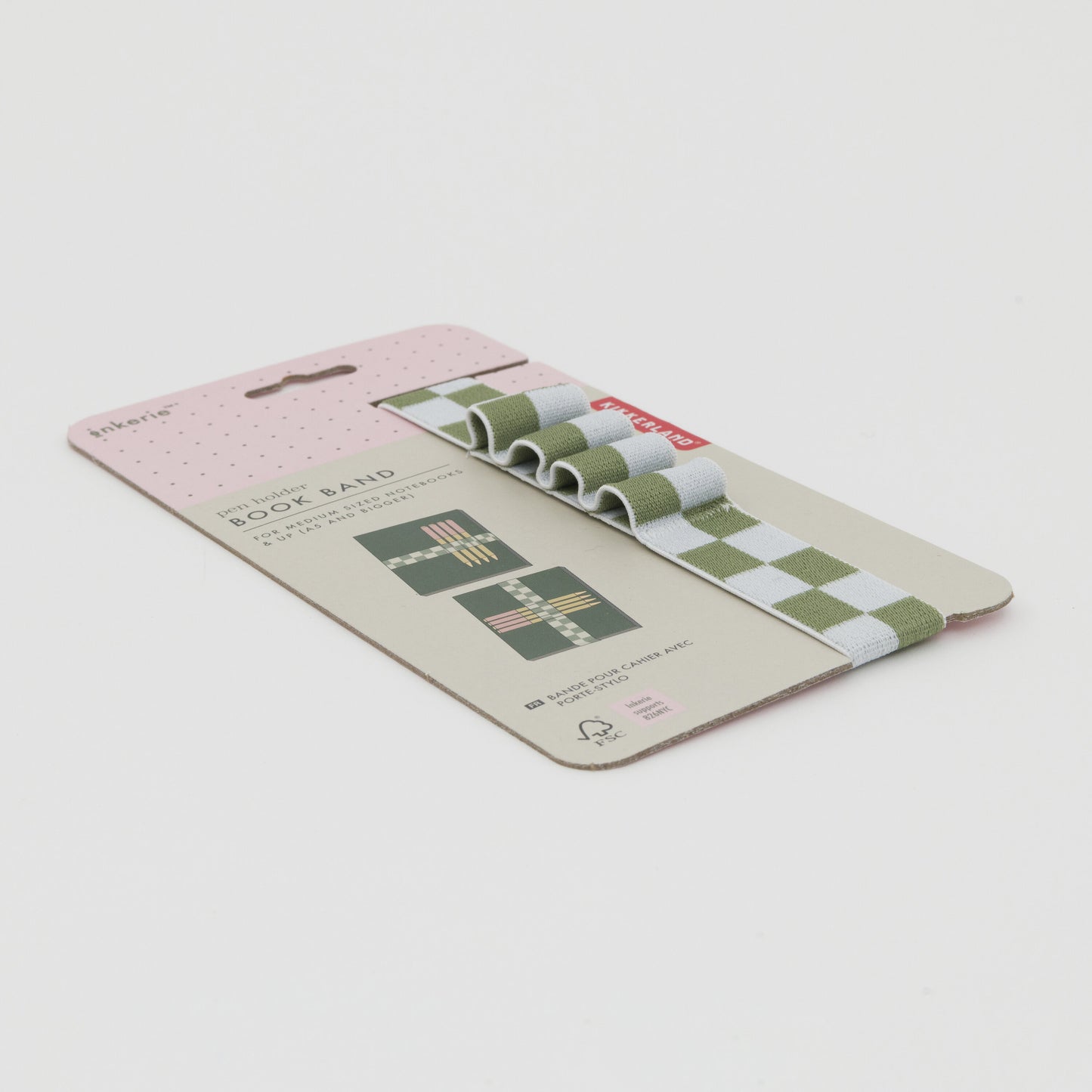 three quarter shot of green and white checkerboard pattern book band that holds up to 4 pens