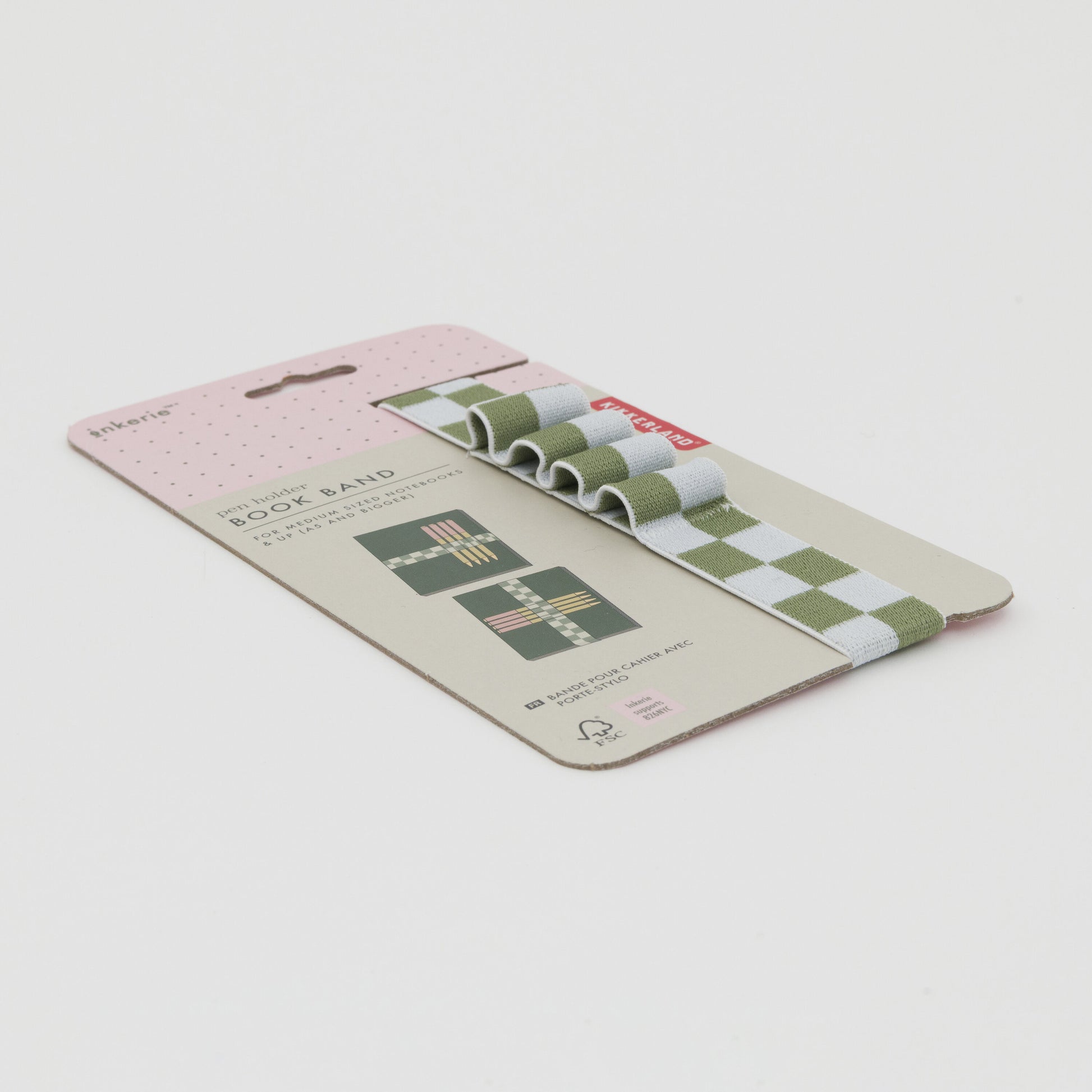 three quarter shot of green and white checkerboard pattern book band that holds up to 4 pens