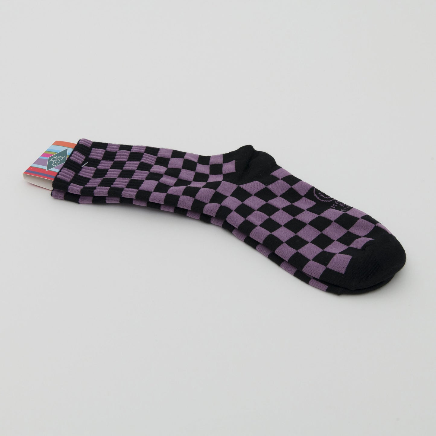 Purple and black checkerboard socks
