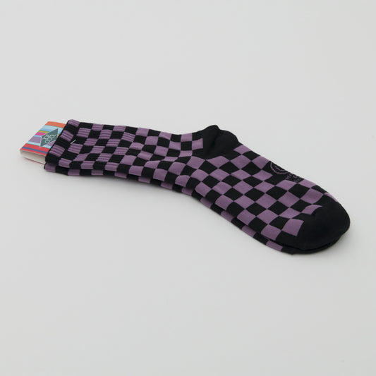 Purple and black checkerboard socks