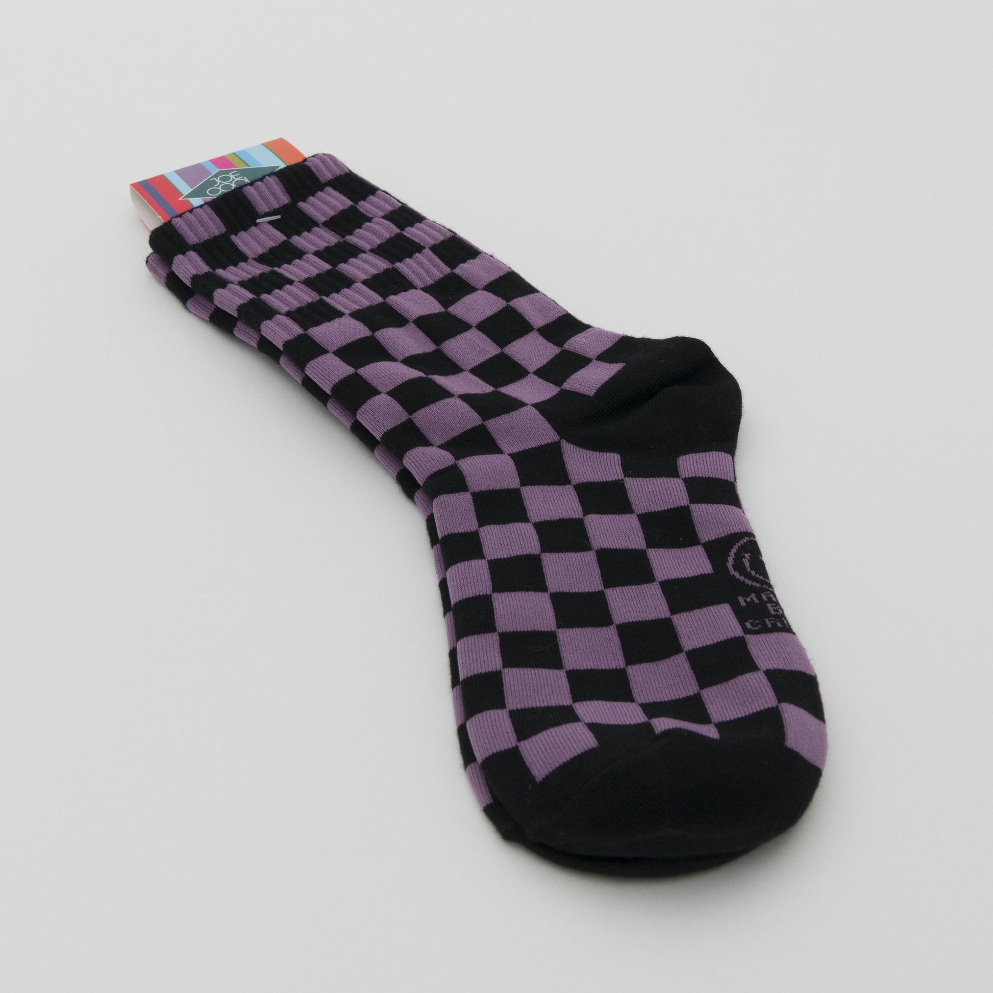 Purple and black checkerboard socks