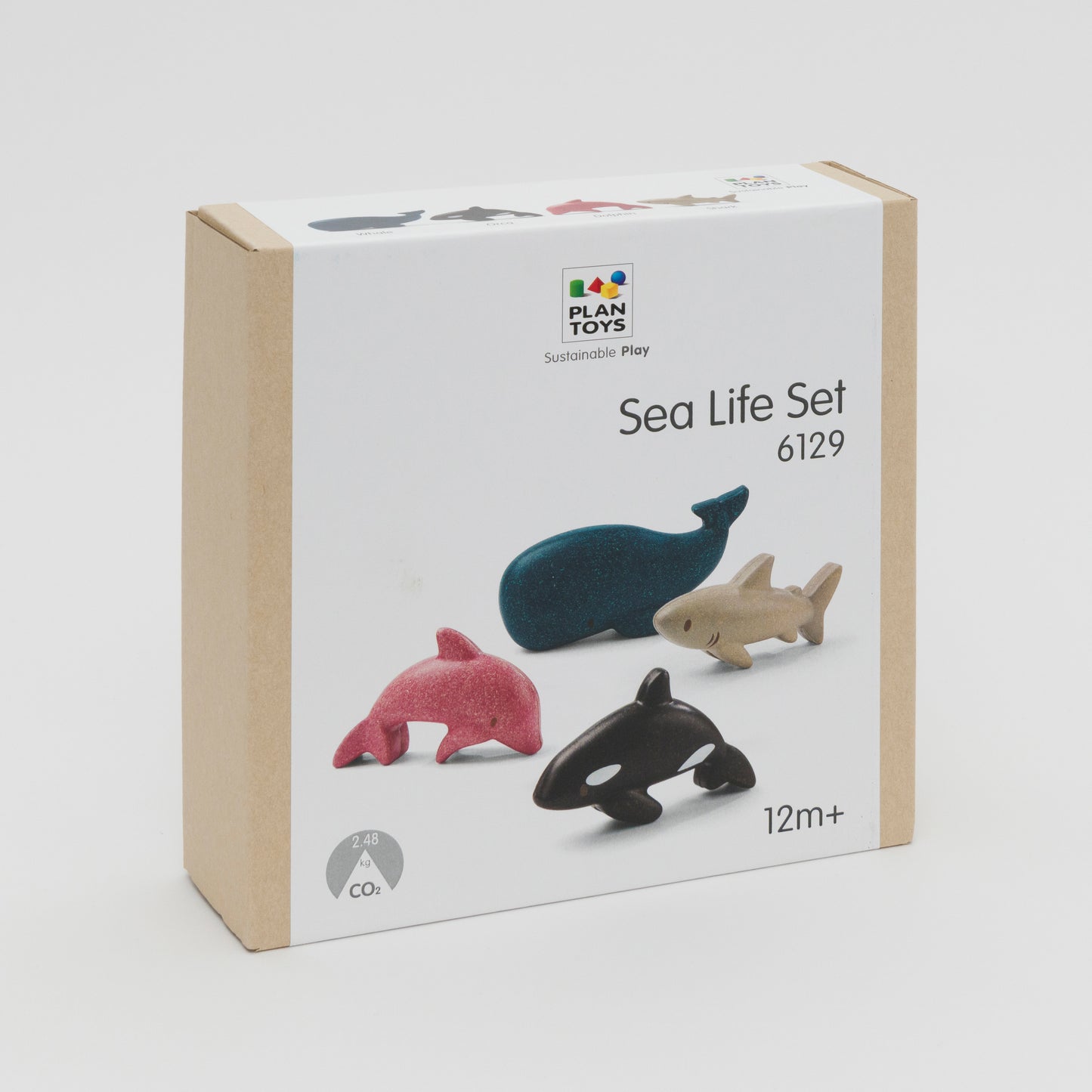 Cardboard box packaging showing 4 ocean animal toys