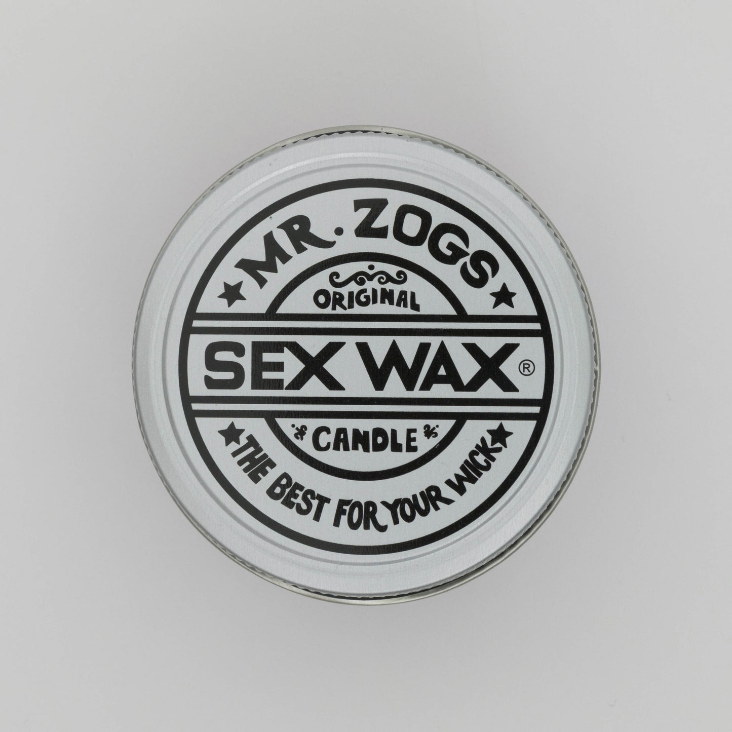 Top shot of screw top of candle jar with Sex Wax logo.