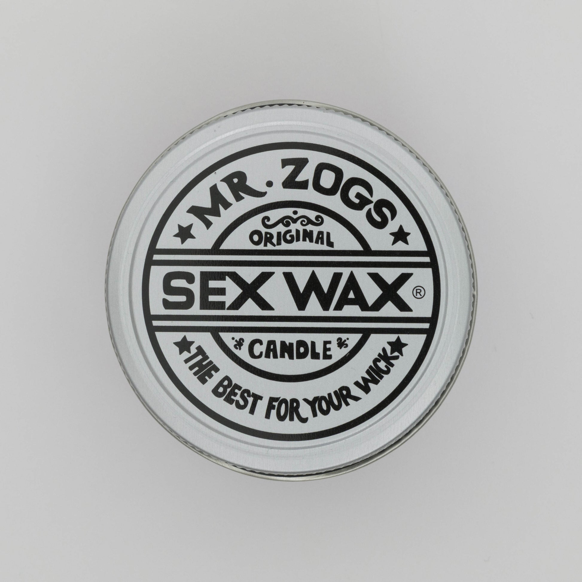 Top shot of screw top of candle jar with Sex Wax logo.