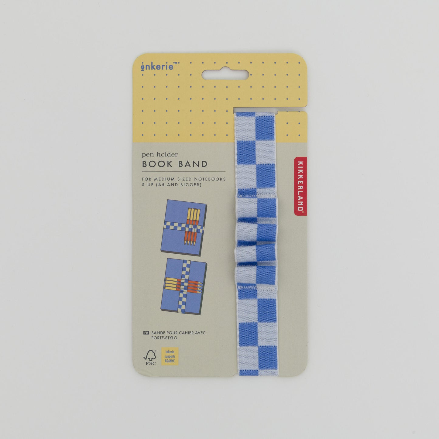Blue and white checkerboard book band that holds 4 pens, displayed on its packaging.
