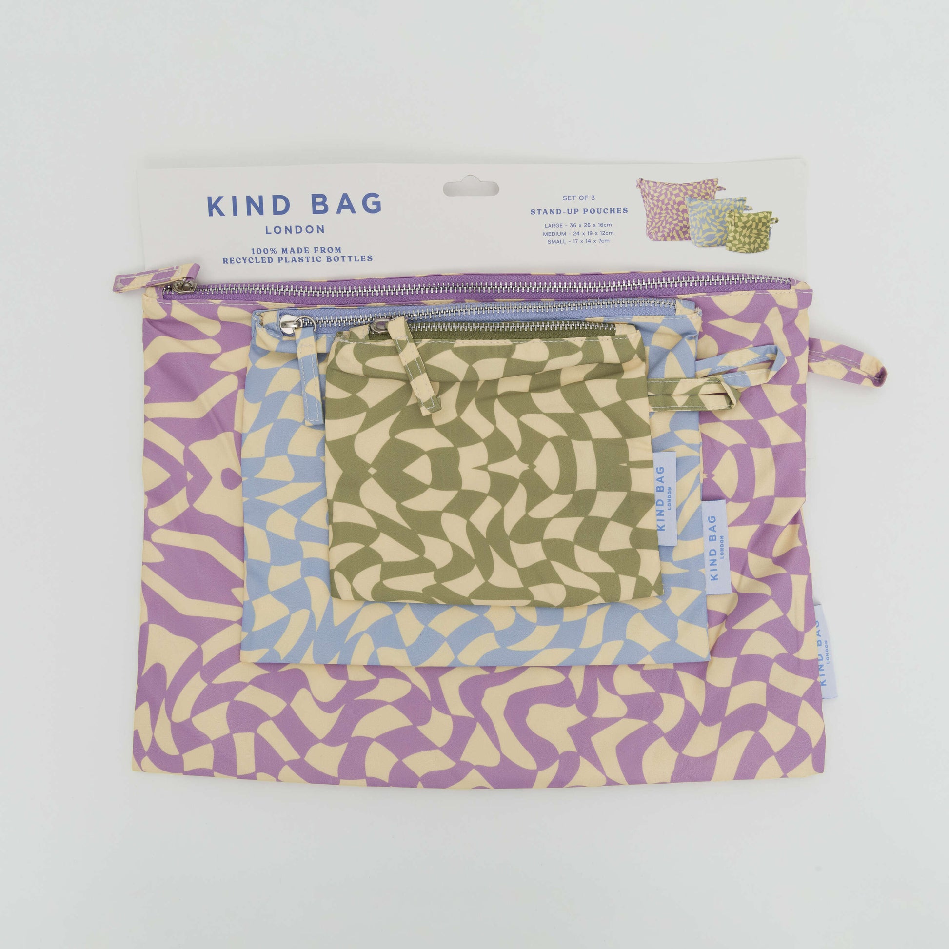 Showing 3 wavy patterned zip up pouches in purple, blue and green.