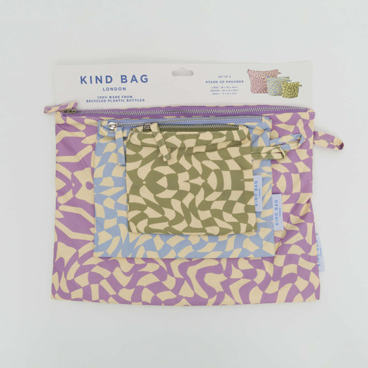 Showing 3 wavy patterned zip up pouches in purple, blue and green.
