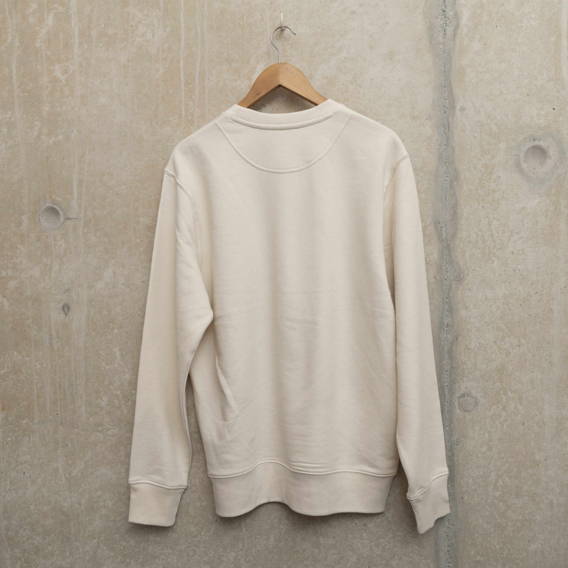 Shot of the back of the cream sweatshirt. There is no print on the back.