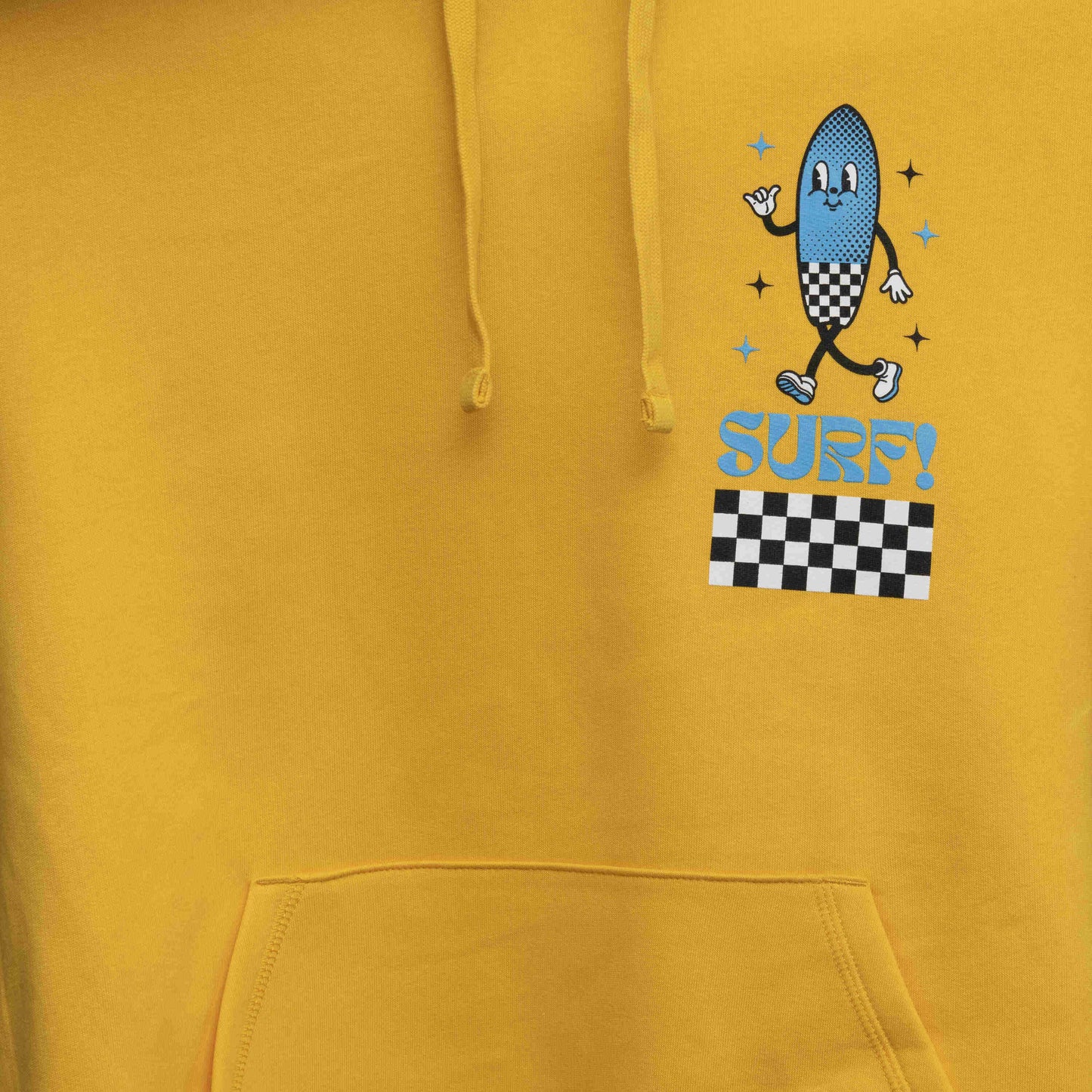 Close up of character. Character is shaped like a surfboard in blue with black and white checkerboard design, with the word Surf underneath.
