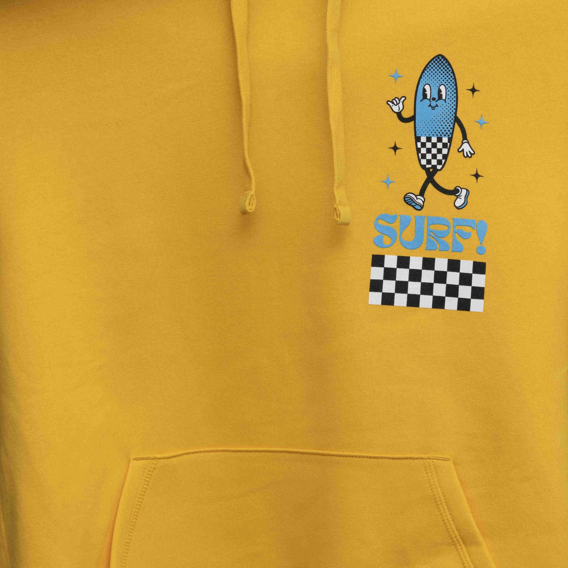 Close up of character. Character is shaped like a surfboard in blue with black and white checkerboard design, with the word Surf underneath.