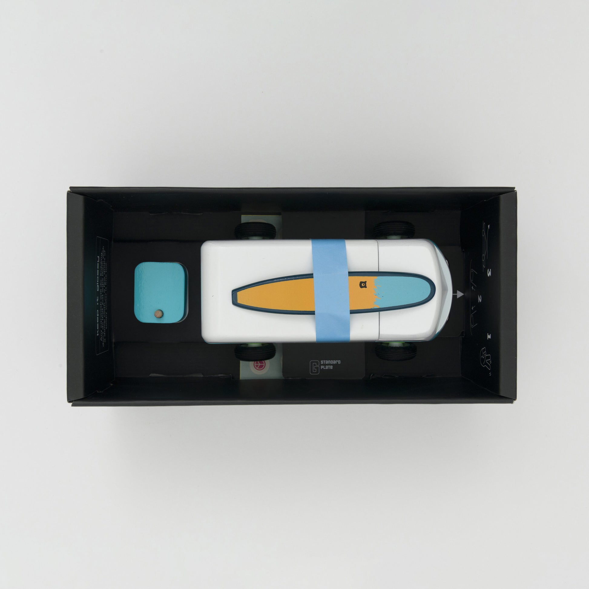 Shot of the van inside its box looking down from above.