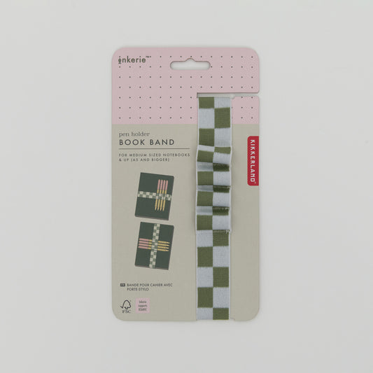Shot of green and white checkerboard pattern book band that holds up to 4 pens