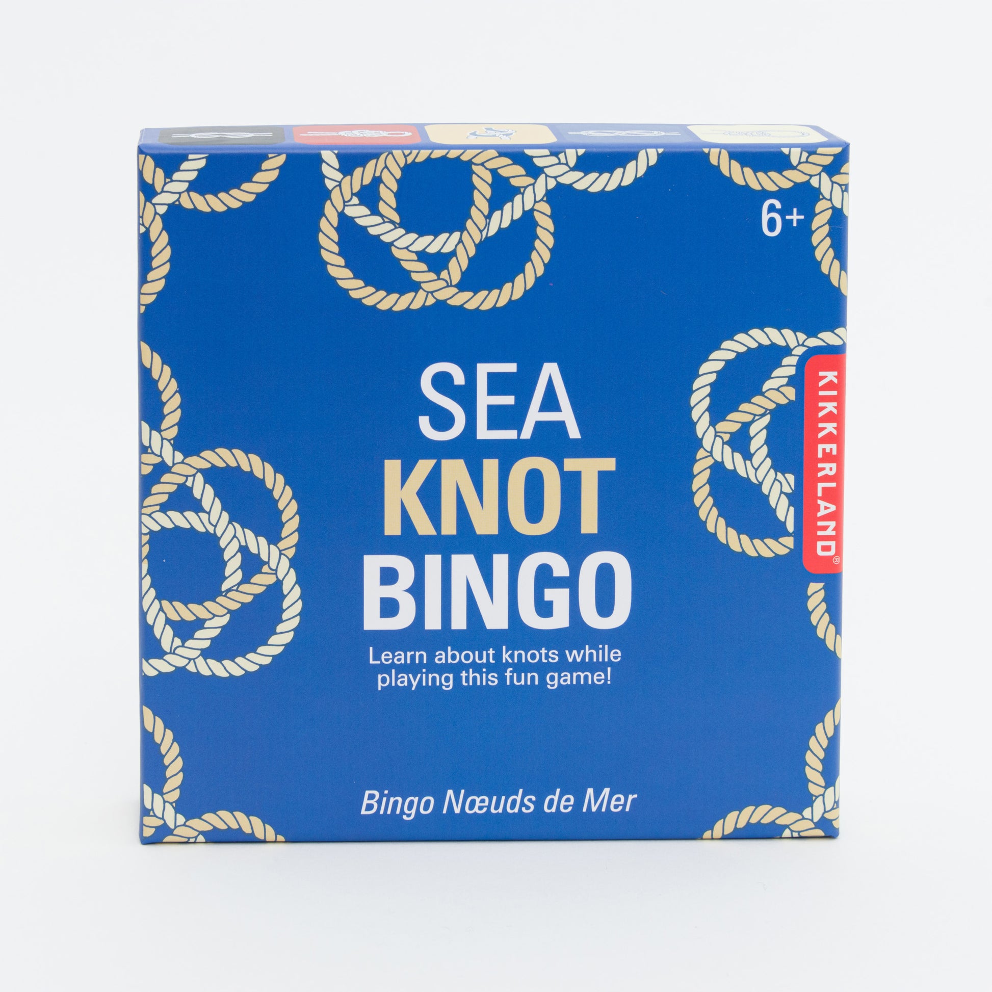 Sea Knot Bingo game box with blue background and gold rope patterns, featuring Kikkerland brand.