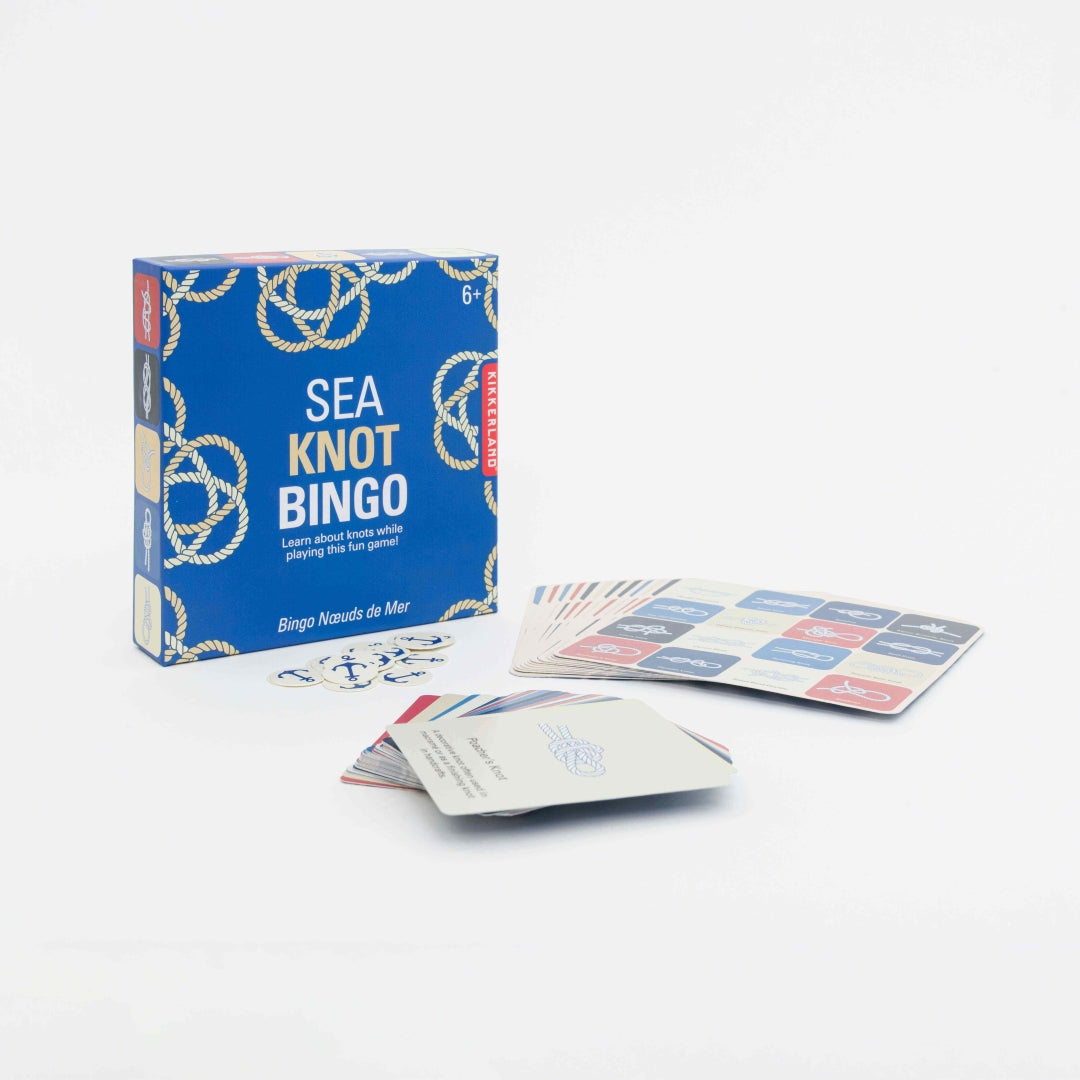 Sea Knot Bingo game set with blue box and cards on a white background