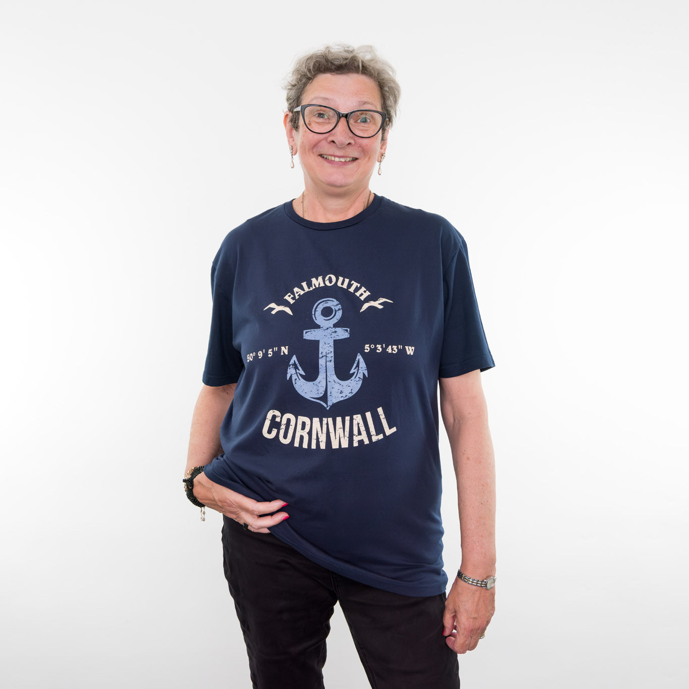 A man wearing the Falmouth t-shirt.