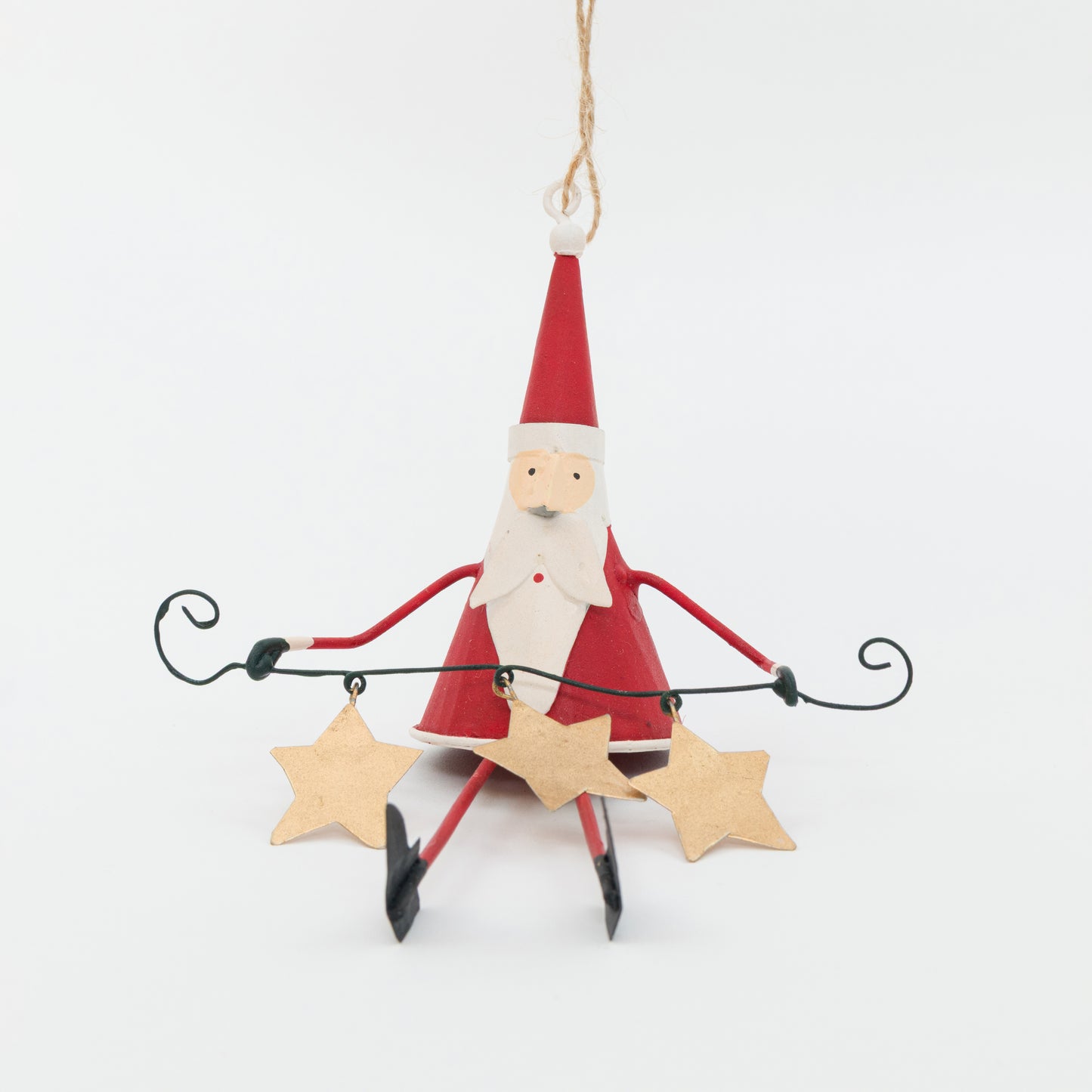 Santa Claus ornament holding a string of lights with stars on a white background