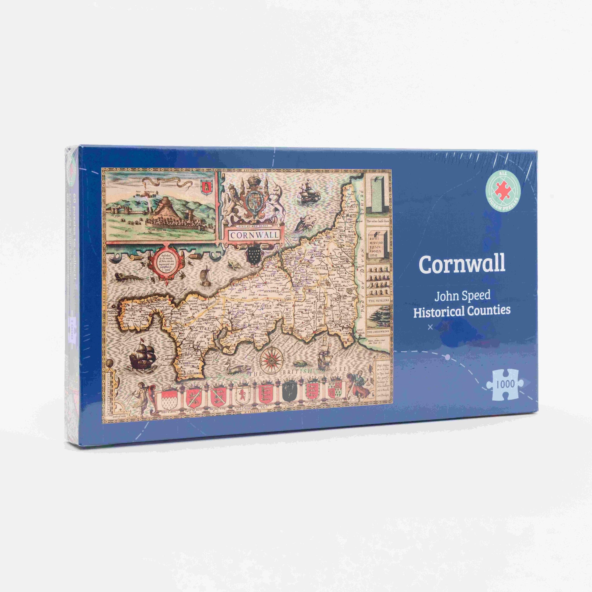 Jigsaw puzzle box featuring a map of Cornwall with a blue border on a white background