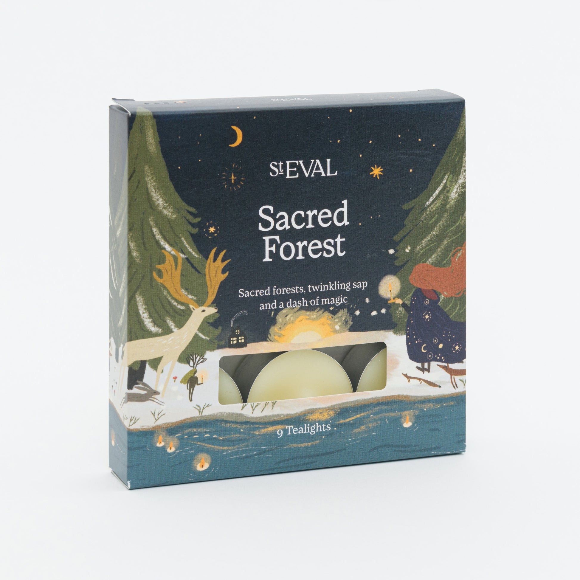 A pack of St Eval Sacred Forest tealights with forest design and text photographed against a white background.