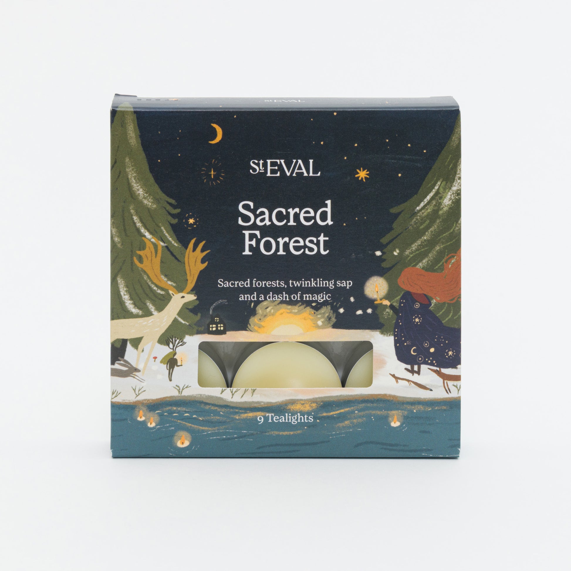 A pack of St Eval Sacred Forest tealights with forest design and text photographed against a white background.