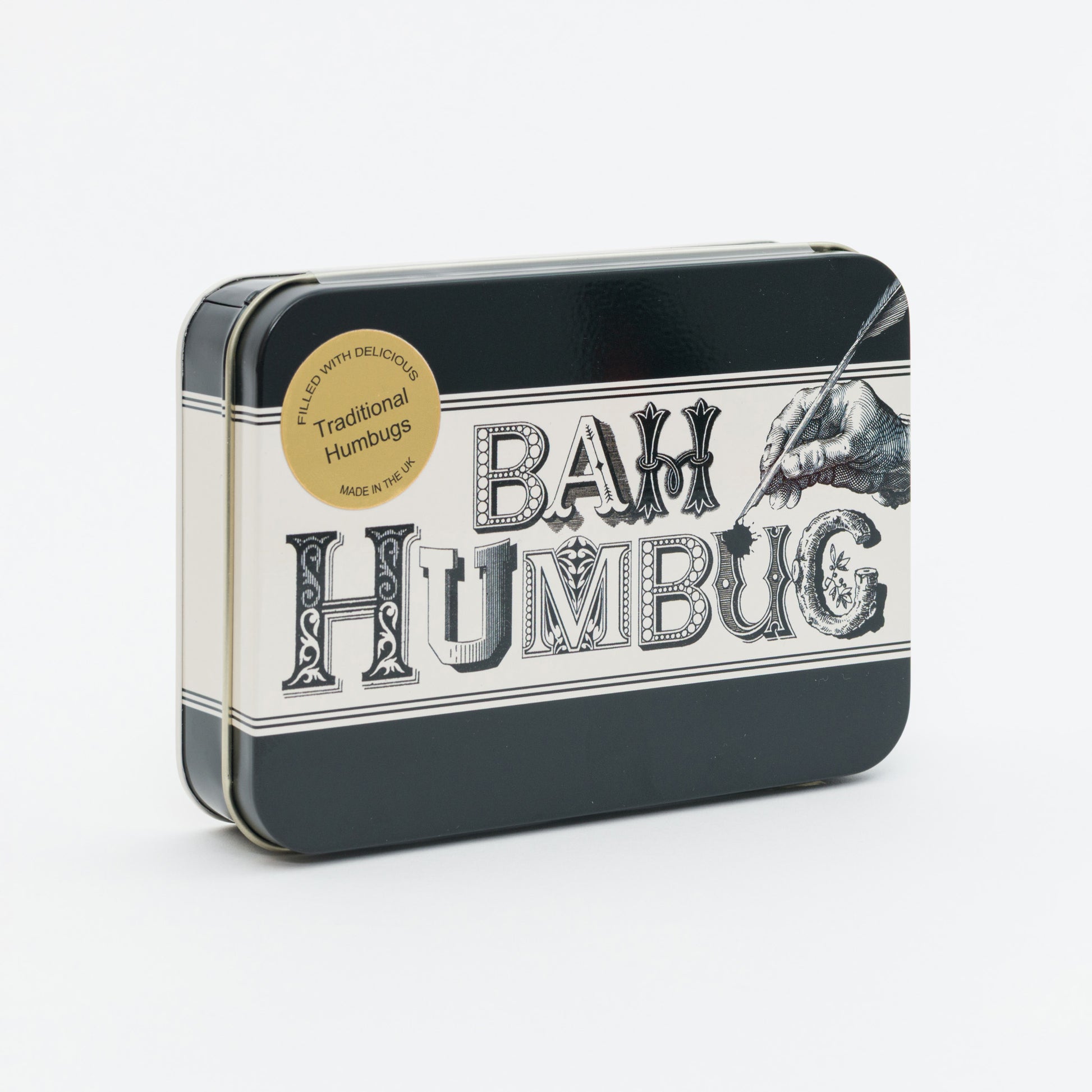 Tin box with 'Bah Humbug' text on a white background