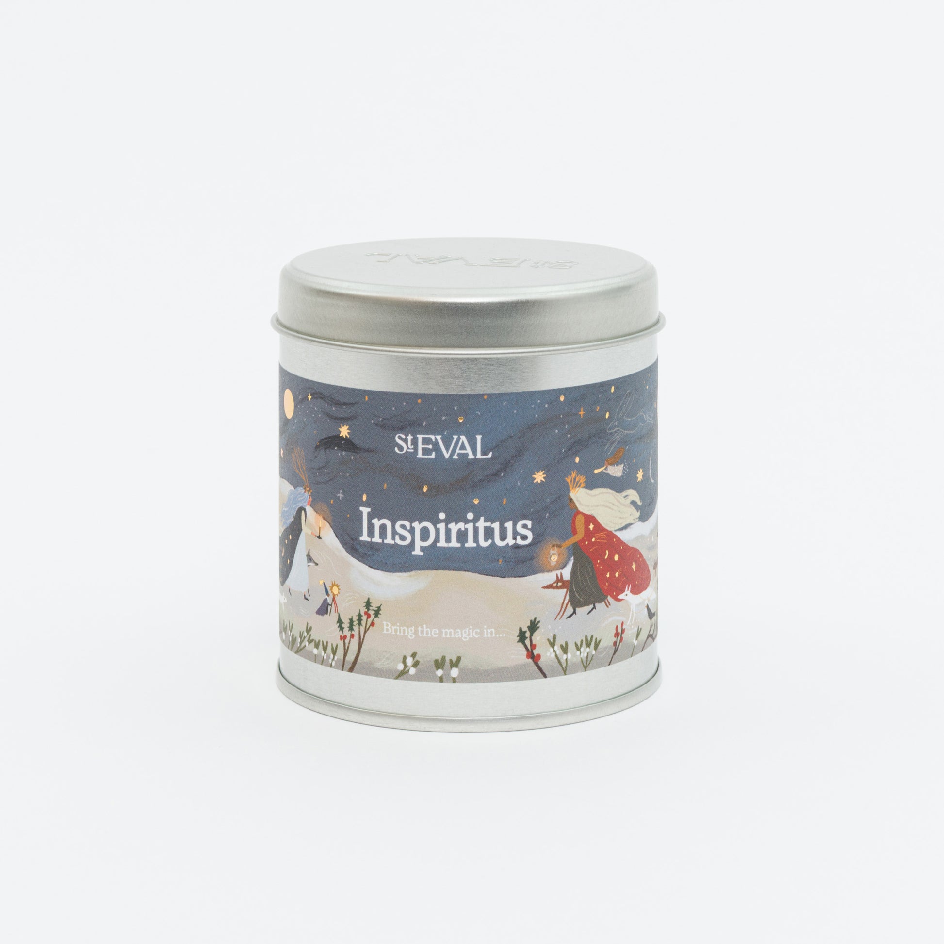 Candle tin labeled 'St Eval Inspiritus' with a decorative design photographed against a white background.
