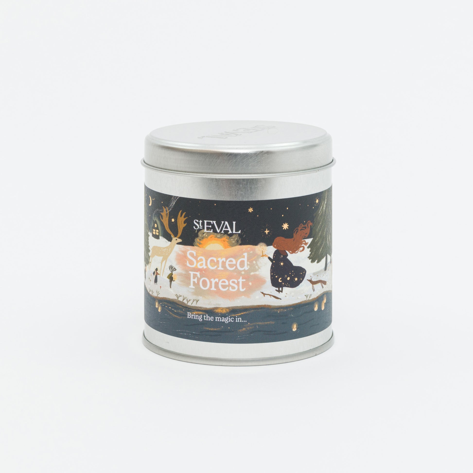 St Eval Sacred Forest candle tin on a white background. The label on the tin features woodland creature illustrations.
