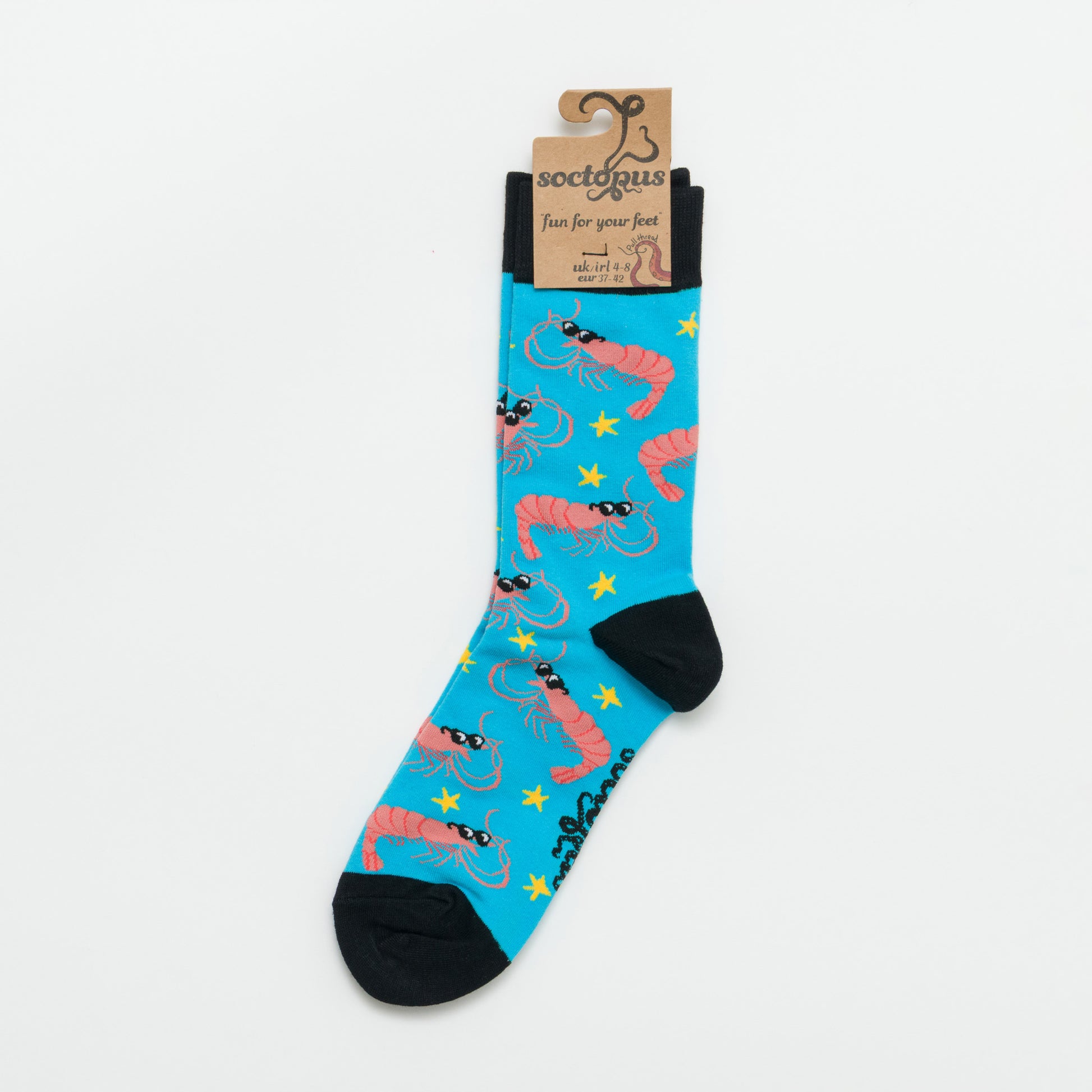 Blue sock with red lobster design photographed against a white background.