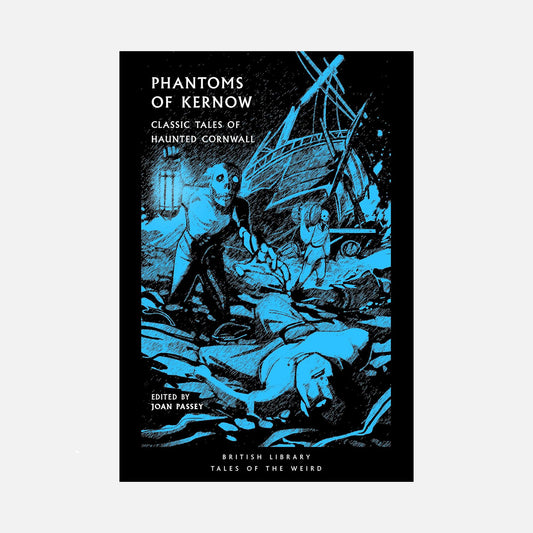 Book cover of 'Phantoms of Kernow' with blue illustrations on a black background
