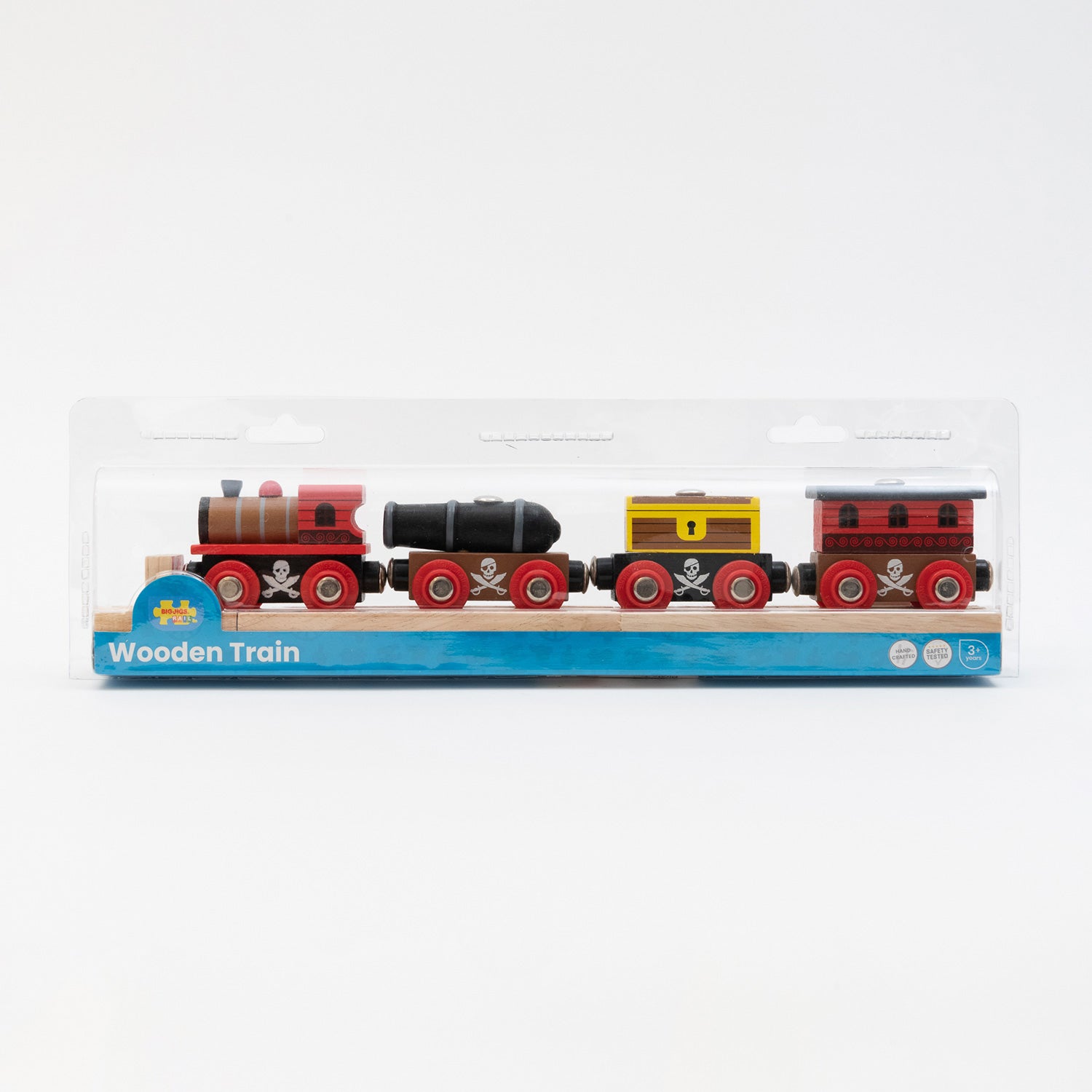 A wooden pirate train set pictured on a white background.