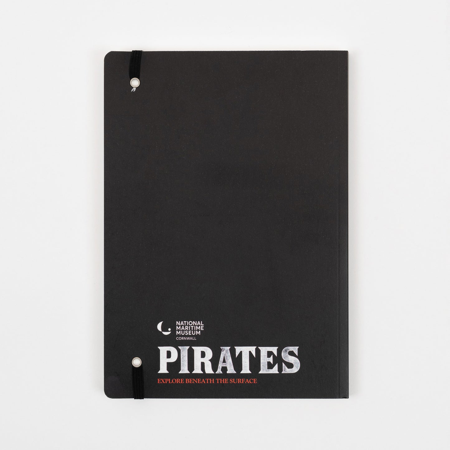 The black back cover of the pirates journal with the National Maritime Museum Cornwall logo and the word Pirates at the bottom.